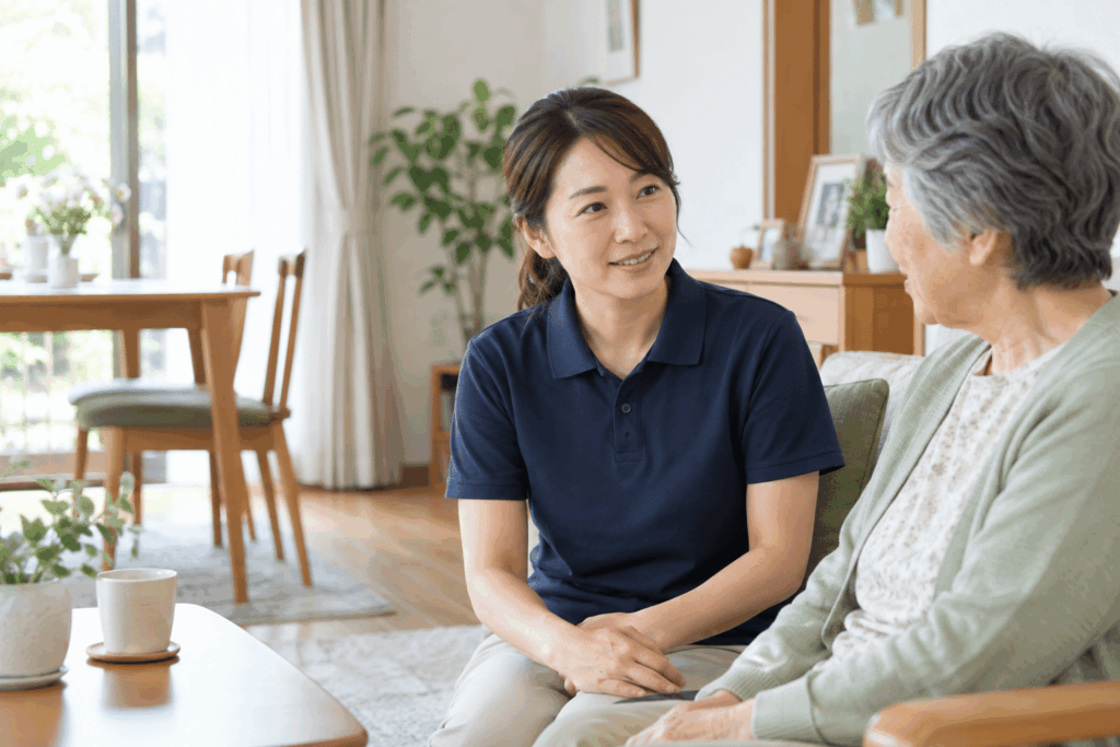 利用者さまのご自宅で対話する訪問介護スタッフ