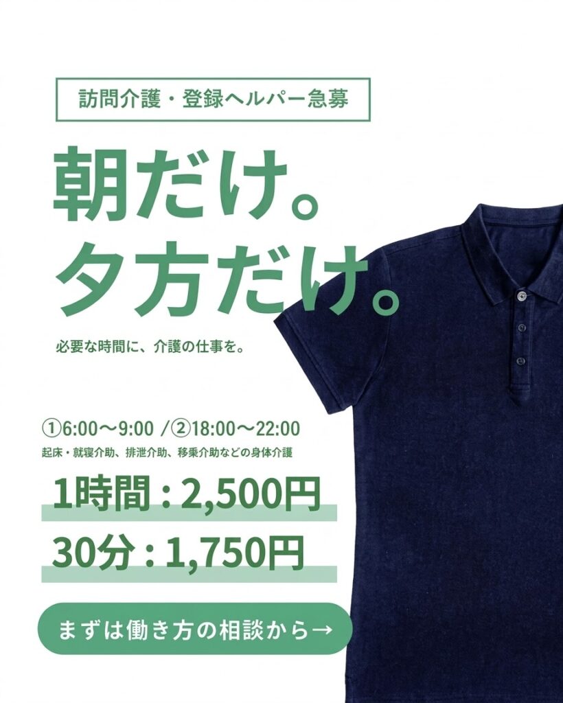 訪問介護・登録ヘルパー急募。朝だけ。夕方だけ。